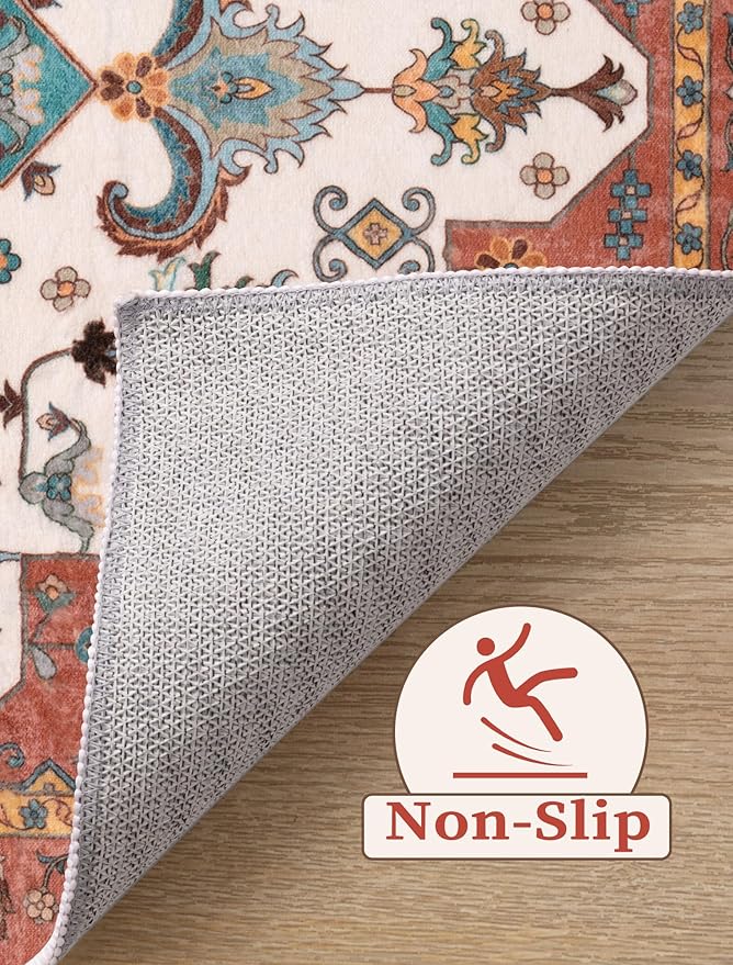 SERISSA Boho Washable Runner Rug, 2'6"x8' Non-Slip Vintage Orange Hallway Kitchen Runner Rug Ultra Soft Print Distressed Floor Carpet for Bedroom Bathroom Laundry Living Room