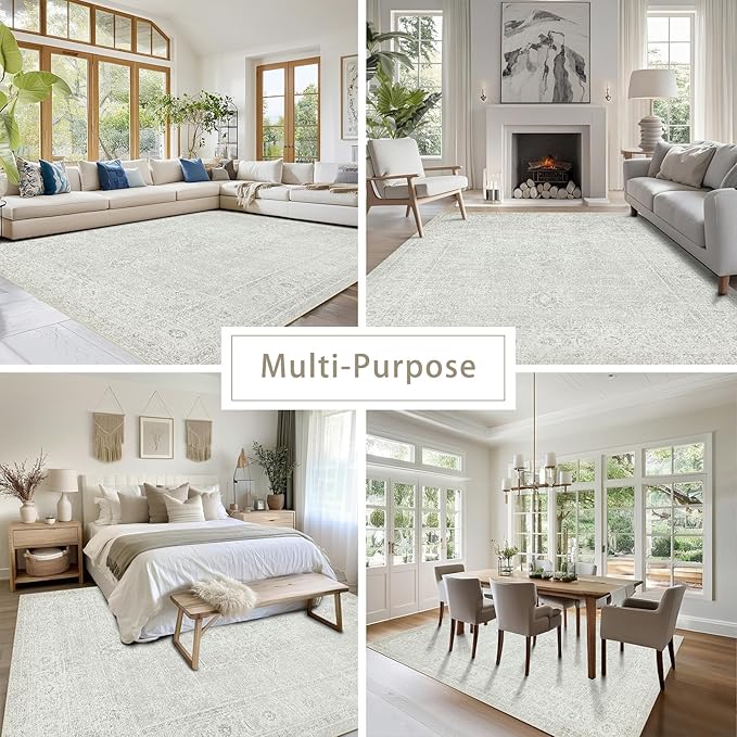 Washable Rugs 8x10 Area Rugs for Living Room,Bedroom,Dining Room- Large Ultra Soft Faux Wool Retro Carpets,Non Slip&Non-Shedding Low Pile Vintage Carpet for Home Office,Concrete Grey