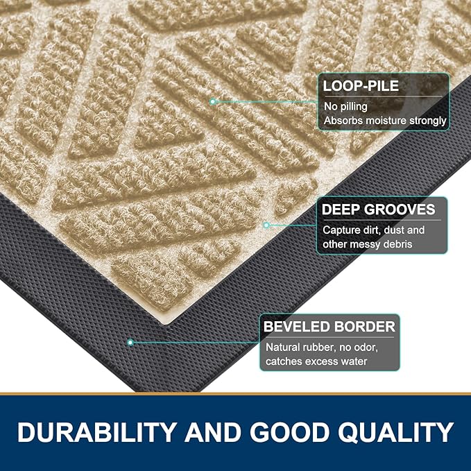 Smiry Front Door Mat Outside Entrance, Heavy Duty Sturdy Natural Rubber Doormat, Trap Dirt and Moisture, Easy Clean Low Profile Mats for Indoor Outdoor Entry, Grid Geometric (35x23, Beige)