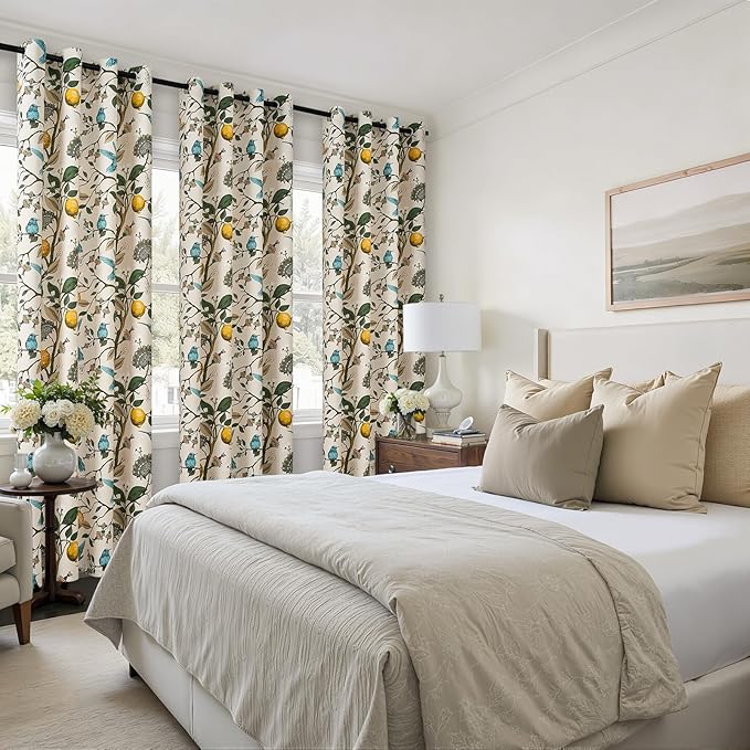Topfinel 94 Inches Long Custom Window Treatments,Retro Art Deco Euro Flower Hummingbird Patterned Pretty Elegant Light Blocking Grommet Curtains Vintage Floral Curtains for Bedroom Playroom Room