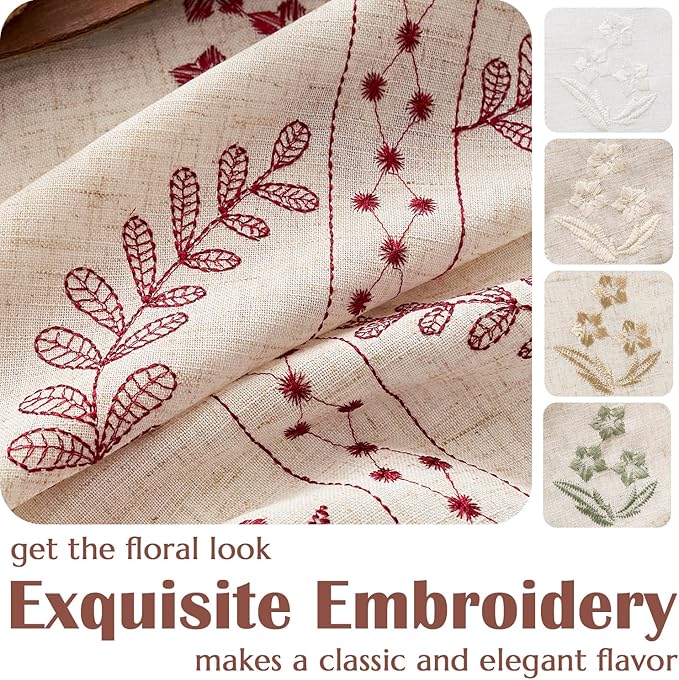 jinchan Belrose Linen Curtains for Bedroom Floral Curtains 63 Inch Length Linen Blend Burgundy Red Embroidered Drapes Farmhouse Flower Patterned Drapes for Living Room Window Treatments Set 2 Panels