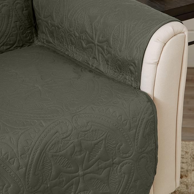 Great Bay Home Reversible Chair Cover - Washable Slipcover Furniture Protector with Elastic Straps - Perfect for Kids & Pets - Quilted & Stitched Detail (Sage Green/Light Gray)