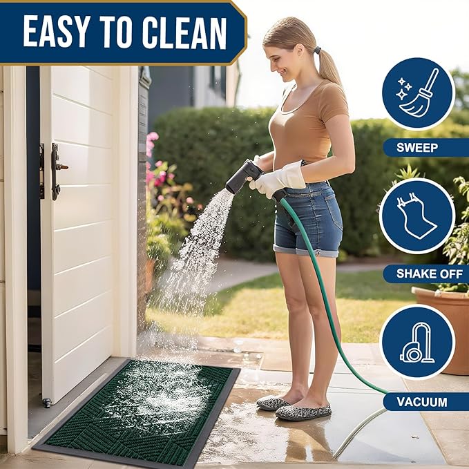 Smiry Front Door Mat Outside Entrance, Heavy Duty Sturdy Natural Rubber Doormat, Trap Dirt and Moisture, Easy Clean Low Profile Mats for Indoor Outdoor Entry, Irregular Triangle (47x32, Deep Green)