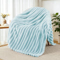 Exclusivo Mezcla Fleece Throw Blanket for Couch, Super Soft Striped Jacquard Bed Blanket, Lightweight Fuzzy Cozy for All Seasons, 50x60 Inches, Light Blue