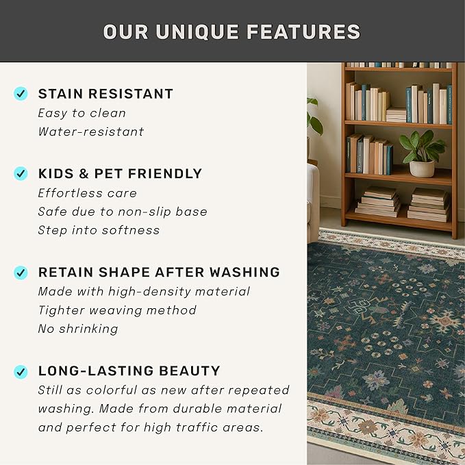 Hazo Haus Dark Green 2x6 Kitchen Rug - Modern Vintage Boho Eclectic Floral with Brown Accent, Washable Low Pile Non-Slip Runner Rugs for Bathroom, Door Mat Indoor Entrance, Hallway, Bedroom, Laundry