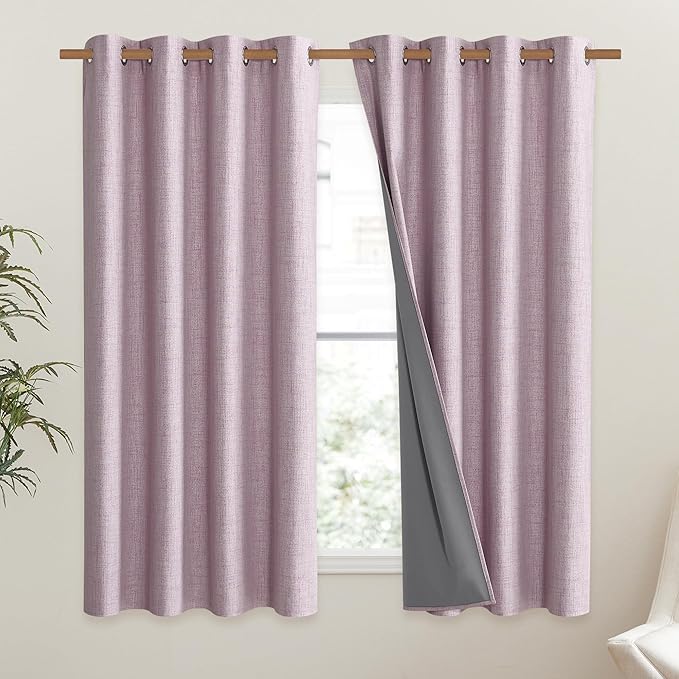NICETOWN Pink Vintage Linen 100% Blackout Curtains for Living Room, Thermal Insulated Curtains 45" Long, Noise Reducing Window Treatment Drapes for Hall Room, 52" Wide Per Panel, Set of 2