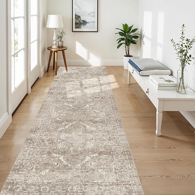 4x10 Washable Hallway Runner Rug - Wide Kitchen Runners Vintage Low Pile Carpet Soft Thin Floor Runner with Rubber Backing for Entryway Bedroom Living Room Home Decor (Beige)