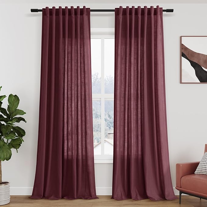 Nanspring Burgundy Linen Curtains Semi Sheer 96 Inches Long 2 Panels Set for Living Room Back Tab Rod Pocket Light Filtering Drape for Bedroom Modern Farmhouse Coastal Decor Protect Privacy 52x96