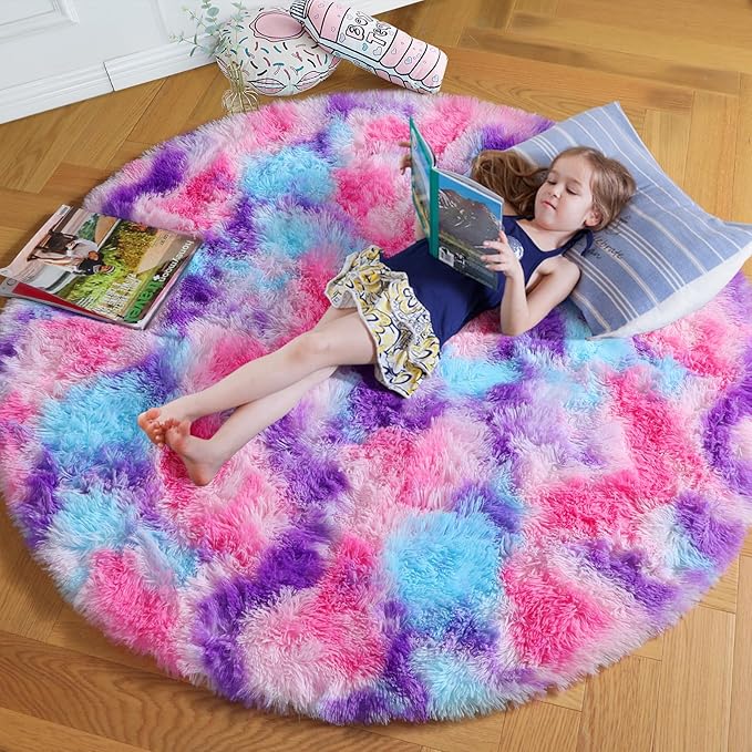 Amdrebio Hot Pink Rainbow Round Circle Area Rug 4Ft for Girls Bedroom, Fluffy Cute Fuzzy Colorful Pastel Kids Rugs for Nursery Playroom Classroom, Unicorn Shag Princess Carpet for Baby Toddler Teen