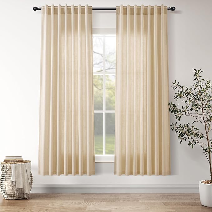 Nanspring Tan Semi Sheer Curtains 72 Inches Long for Bedroom Back Tab Rod Pocket Light Filtering Privacy Drapes Cotton Linen Textured Farmhouse Living Room Curtain 52X72 Inches,2 Panels