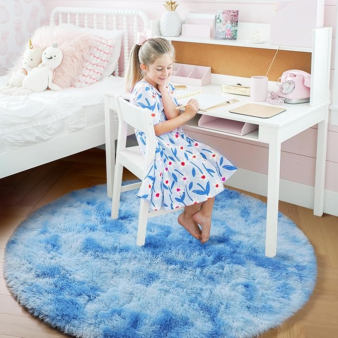 Amdrebio Tie-Dyed Light Blue Round Circle Rug 5Ft for Girls Bedroom, Soft Cute Fluffy Area Rugs for Boys, Kids Room Decor, Plush Shaggy Fuzzy Stitch Carpet for Baby Nursery Playroom Classroom Dorm