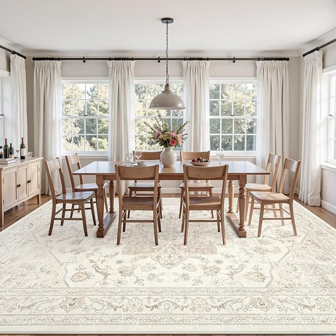 6x9 Area Rugs for Living Room: Vintage Boho Neutral Washable Rug Indoor Soft Large Area Rug Carpet for Bedroom Nursery Farmhouse Dining Room Office Floor Non-Slip Low Pile Under Table Rug Beige White