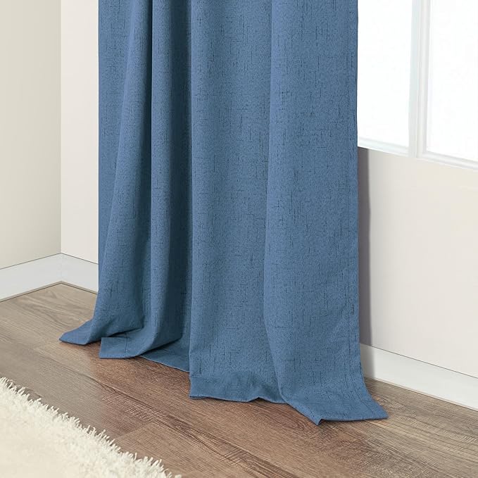 Denim Blue Blackout Drapes 96 Inches Long 2 Panel Burg Cute Linen Textured Modern Farmhouse Living Room Darkening Curtain for Bedroom Viral Sound Deadening Insulated Thermal Back Tab Pleated 96 Length