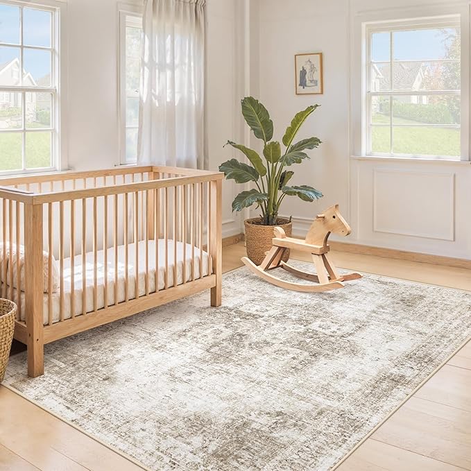 Area Rug 3x5 Washable Rug, Vintage Boho Medallion Entryway Rug Non-Slip Soft Low Pile Small Distressed Floor Carpet Retro Doormat for Kitchen Bedroom Laundry Bathroom Hallway (Taupe, 3'x5')