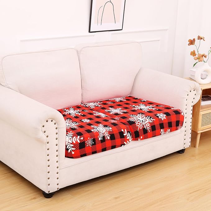 hyha Printed Couch Cushion Covers, Floral Sofa Covers Washable for 2 Cushion Couch, Stretch Pattern Outdoor Cushion Covers for Patio Furniture with Elastic Bottom(2 Packs, Checkered Snowflake)