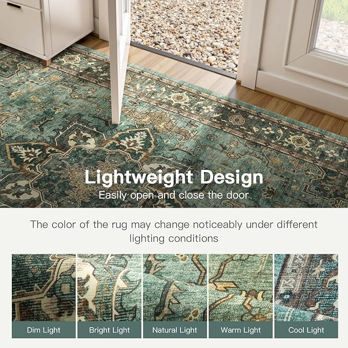 Lofus 3x5 Area Rugs for Living Room, Washable Area Rug, Rugs for Bedroom, Kitchen, Vintage Boho Carpet, Soft Non-Slip, Low Pile Large Area Rug for Office Dining Room, Green