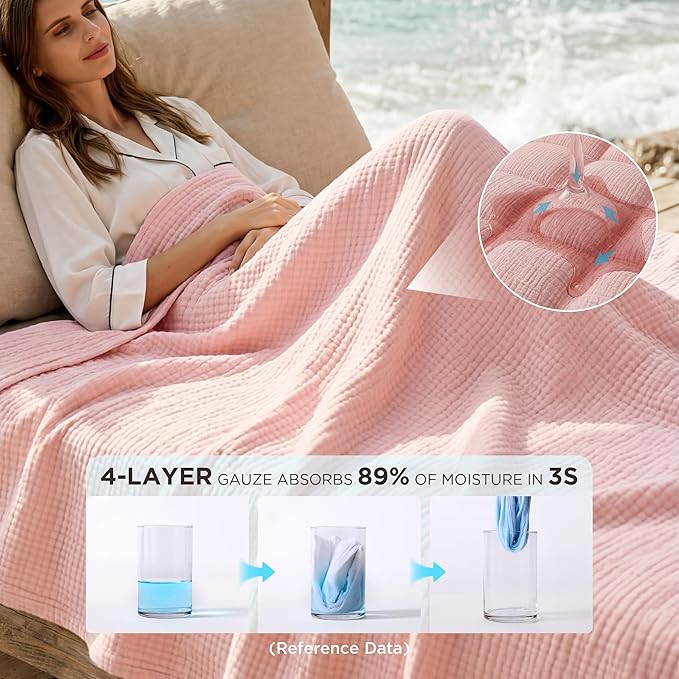 Bedsure 100% Cotton Muslin Blanket Queen Size for Bed - 4-Layer Breathable and Lightweight Thin Soft Summer Gauze Muslin Blankets for Adults, Pink, 90x90 Inches