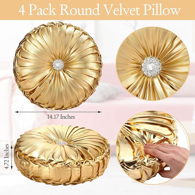 Kathfly Set of 4 Decorative Round Pleated Throw Pillows, Classy Velvet Pumpkin Round Throw Pillows, Decorative Floor Pillow for Bed Chair Home Sofa Decor, 14" Diameter(Gold and Silver)