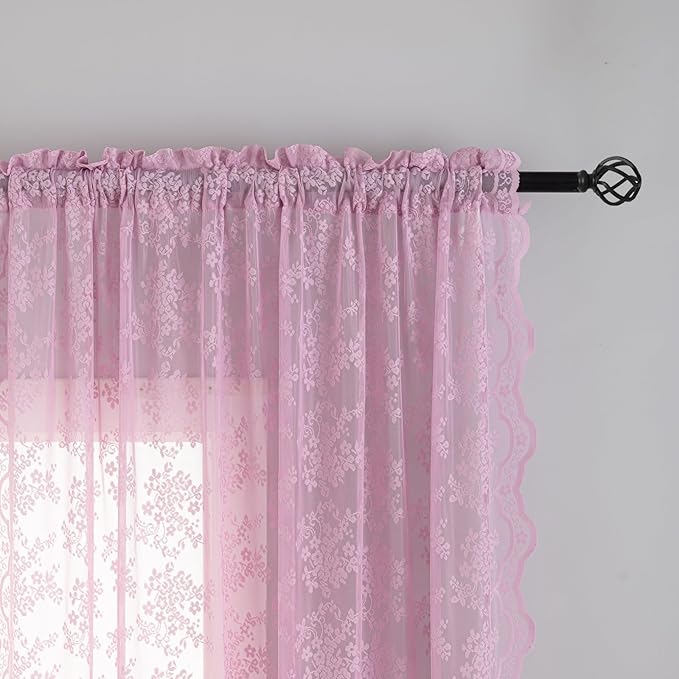 YJ YANJUN Vintage Lace Curtains 72 Inches Long-Victorian Floral Pattern Lalic Sheer Curtain Panels for Living Room Bedroom,Light Filtering, Cute Girls Drapes 2 Panels 52W x 72L Purple Blush