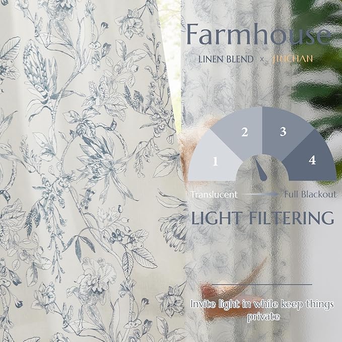 jinchan Floral Curtains 96 Inches Long Blue Flower Linen Farmhouse Curtain for Living Room French Country Vintage Curtain Rod Pocket Curtains Set 2 Panels Blue Floral Printed