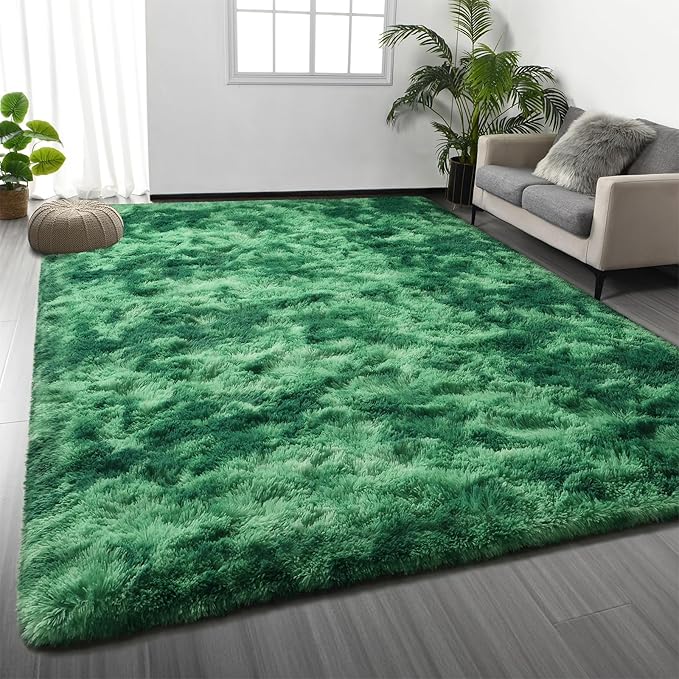 Deerhoo Large Shag Area Rugs 6 x 9, Plush Fuzzy Rugs for Living Room, Ultra Soft Fluffy Furry Rug for Bedroom, Indoor Carpet Nursery Rugs for Kids Room Home Decor, Tie-Dyed Emerald Green