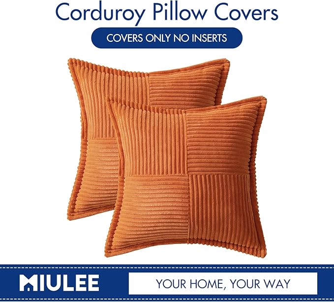 MIULEE Orange Decorative Throw Pillow Covers for Couch Bed Livingroom 18x18 Inch Set of 2 Boho Accent Throw Pllows Broadside Striped Patchwork Soft Corduroy Pillowcases