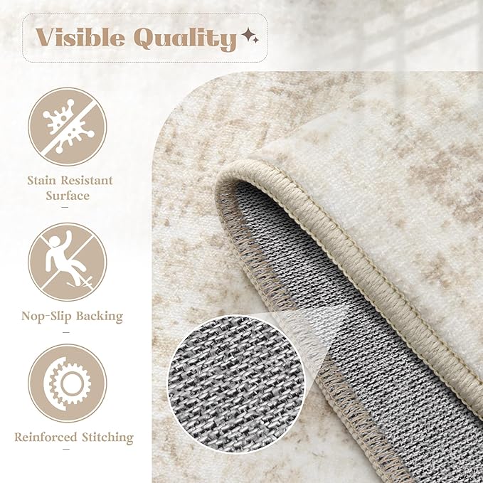 Area Rug 3x5 Washable Rug, Vintage Boho Medallion Entryway Rug Non-Slip Soft Low Pile Small Distressed Floor Carpet Retro Doormat for Kitchen Bedroom Laundry Bathroom Hallway (Beige, 3'x5')