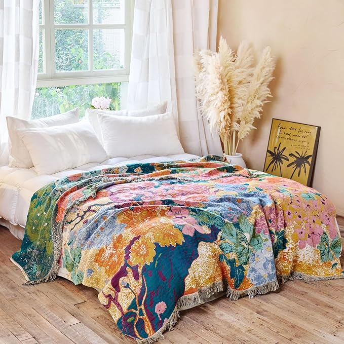 MSGKV Boho Throw Blanket for Bed 60"x80" Cotton Couch Blankets Floral Twin Size Spring Breathable Farmhouse Blankets All Seasons Lightweight Muslin