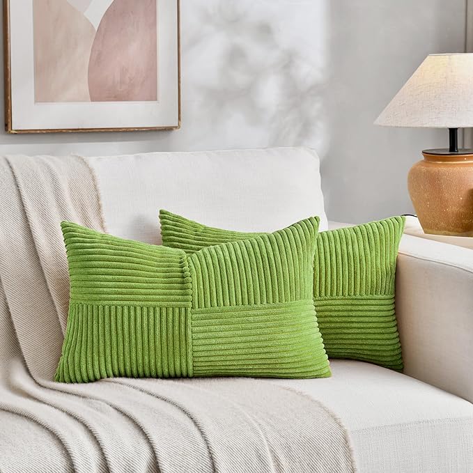 Fancy Homi Set of 2 Lime Green Long Lumbar Decorative Throw Pillow Covers 12x24 Inch for Couch Bed Sofa, Modern Farmhouse Boho Home Decor, Soft Striped Corduroy Rectangle Accent Cushion Case 30x60 cm