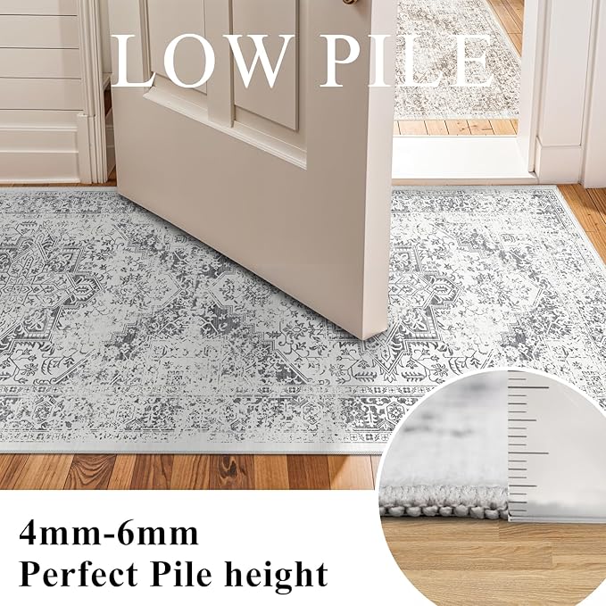 Washable 2'6''x14' Runner Rug - Non-Slip Vintage Runner Rug for Entryway Low-Pile Medallion Long Rugs for Hallway Waterproof Traditional Indoor Thin Rug for Kitchen (Grey)