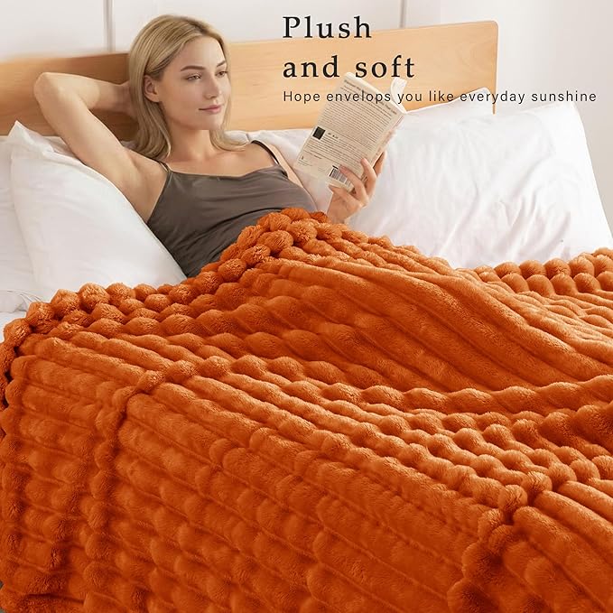 Exclusivo Mezcla King Size Flannel Fleece Blanket, Super Soft Striped Jacquard Bed Blanket, Lightweight Fuzzy Cozy for All Seasons, 90x104 Inches, Burnt Orange