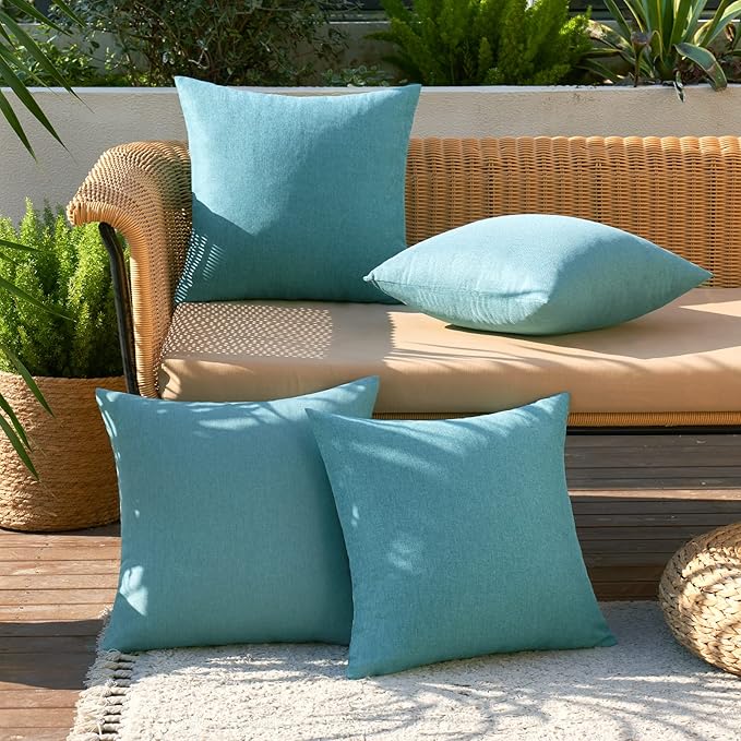 MIULEE Pack of 4 Decorative Outdoor Throw Pillow Covers Linen Waterproof Pillow Covers Farmhouse Cushion Cases for Patio Garden Tent Balcony Couch Sofa 18x18 inch Turquoise