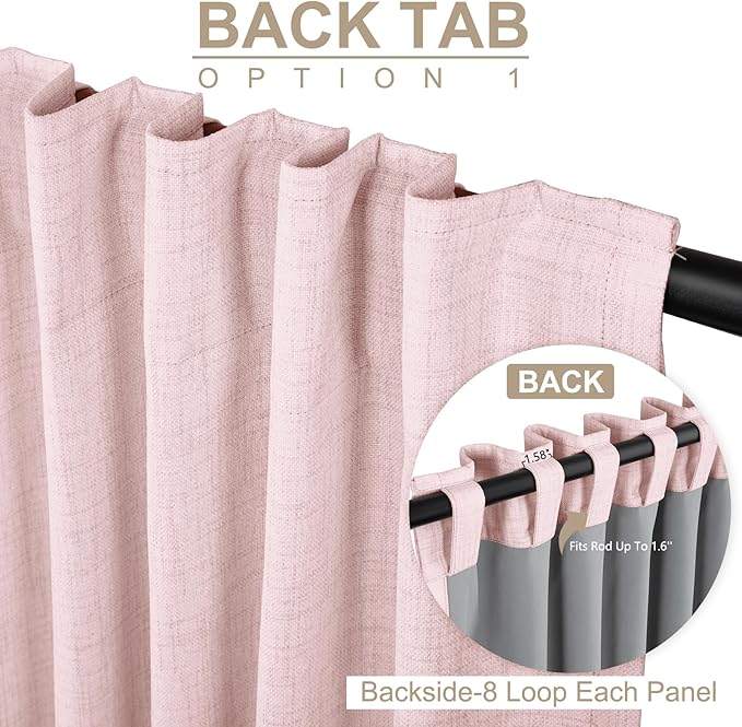 100% Blackout Shield Soft Pink Linen Blackout Curtains for Bedroom 96 Inches Long, Back Tab/Rod Pocket Living Room Drapes, Thermal Insulated Blackout Curtains 2 Panels Set, 50" W x 96" L
