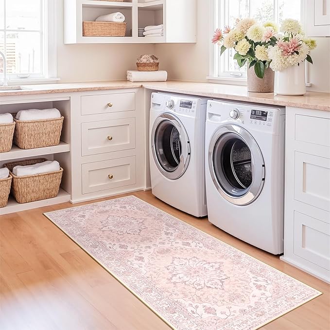 RELEANY Area Rugs 2'x5' Runner Rug Non Slip Washable for Kitchen Hallway Bedroom Beside Laundry Room Bathroom Rug, Floor Carpet, Pink Greypink Cute
