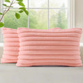 decorUhome Summer Cozy Faux Fur Throw Pillow Covers 12x20 Set of 2 Decorative Plush Striped Lumbar Modern Farmhouse Boho Couch Pillow Cases with Velvet Back for Sofa Bed Living Room, Blush Pink