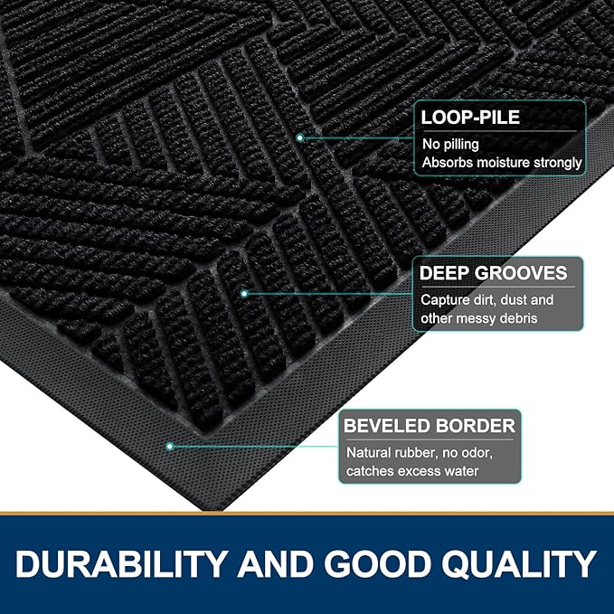 Smiry Front Door Mat Outside Entrance, Heavy Duty Sturdy Natural Rubber Doormat, Trap Dirt and Moisture, Easy Clean Low Profile Mats for Indoor Outdoor Entry, Irregular Triangle (59x40, Black)