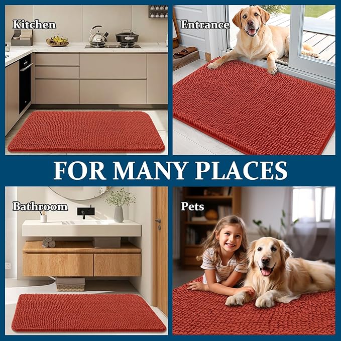 OLANLY Dog Door Mat for Muddy Paws 47x24, Absorbs Moisture and Dirt, Absorbent Non-Slip Washable Doormat, Quick Dry Chenille Mud Mat for Dogs, Entry Indoor Entryway Carpet for Inside Floor, Maple Red
