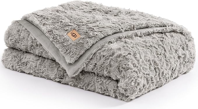 UGG Adalee Faux Fur Twin Blanket, Fluffy Blanket for Bed, Cozy Oversized Throw for Couch, Washable Twin XL Bedding, Luxury Home Decor, 66" x 90", Seal Grey