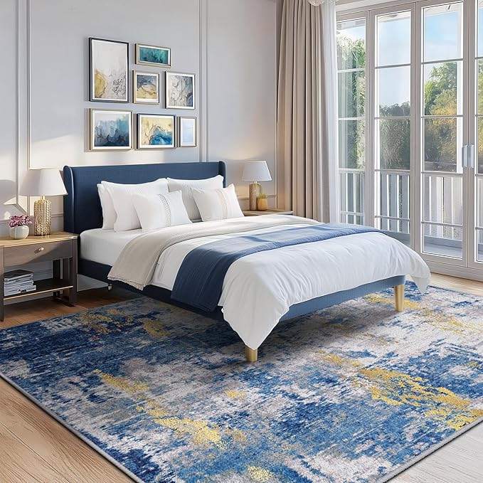 Washable Area Rugs 5'x8' Non-Slip Modern Abstract Soft for Living Room Entryway Bedroom Nursery, Print Pattern, Grey Blue Gold/Golden