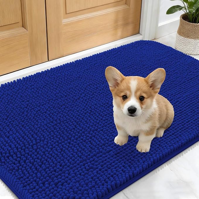 OLANLY Dog Door Mat for Muddy Paws 24x16, Absorbs Moisture and Dirt, Absorbent Non-Slip Washable Doormat, Quick Dry Chenille Mud Mat for Dogs, Entry Indoor Entryway Carpet for Inside Floor, Royal Blue