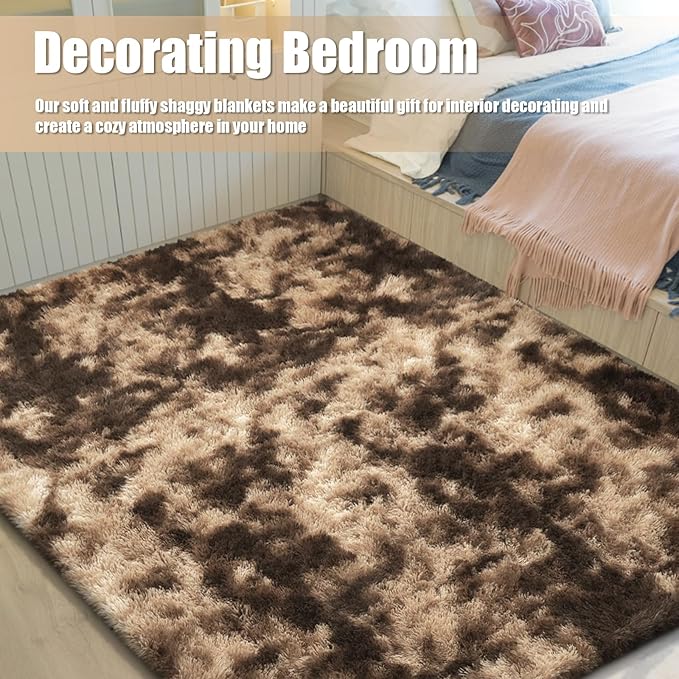 Shag Area Rug for Bedroom 5x8,Fluffy Area Rugs for Living Room,Soft Fuzzy Rug Non-Shedding Indoor Plush Carpet for Kids Bedroom Nursery Dorm Home Decor,Tie-Dyed Coffee