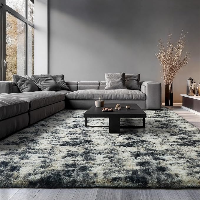 Ophanie Black Gold and Grey Area Rugs for Living Room 9x12, Fluffy Shag Large Fuzzy Plush Soft Carpets, Floor Shaggy Rugs for Bedroom, Carpet for Kids Boys Girls Dorm Nursery Home Decor Aesthetic