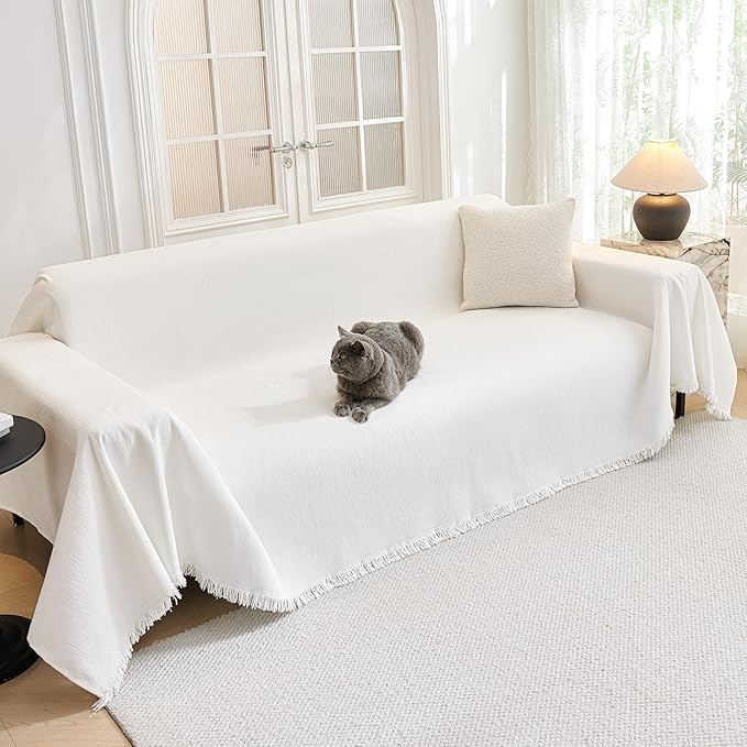 MYSKY HOME Couch Covers for Pets Thick Chenille White Cream Sofa Slipcover with Tassel Non Slip Soft Couch Sofa Cover, Washable Furniture Protector Sofa Slipcover with Tassel for Kids, Dogs, 91"x118"