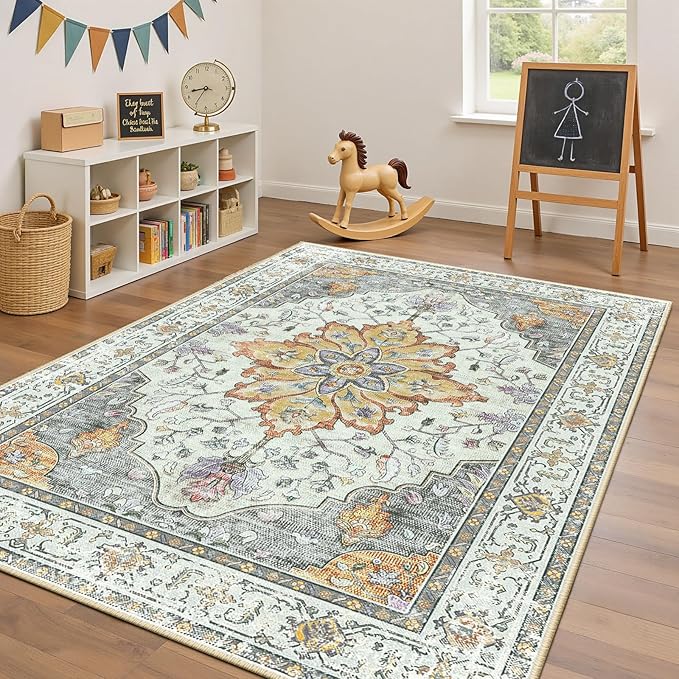 RELEANY Area Rugs 5'x7' Washable Non-Slip, Floral Vintage Distress Print Pattern Medallion Carpet for Living Room Bedroom Dining Room, Light Yellow Carbon Grey Orange