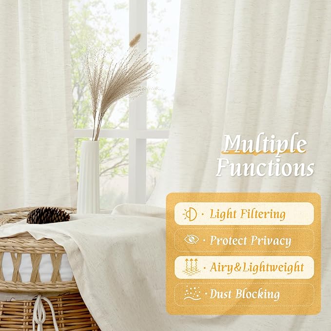 LAMIT Natural Linen Curtains 63 Inch Length for Bedroom, Light Filtering Semi Sheer Living Room Panels Farmhouse Boho Rod Pocket Privacy Drapes for Livingroom, 2 Panels (42 x 63 Inch, Cream)