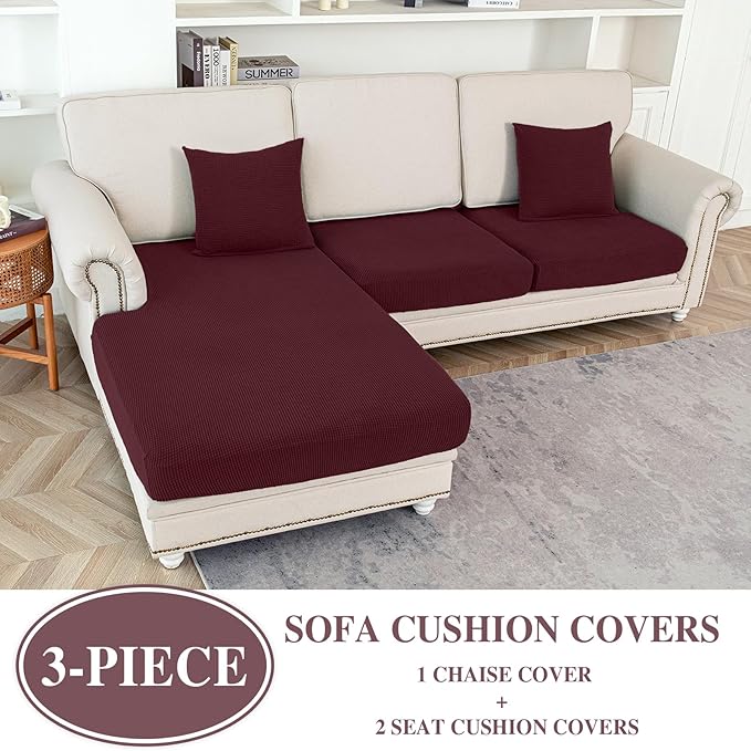 Couch Cushion Covers for Sectional Sofa L Shape Washable Separate Seat Chaise Couch Cover Stretch Sofa Slipcovers with 2 Pcs Pillowcases(2 Seater + 1 Chaise, Burgundy)
