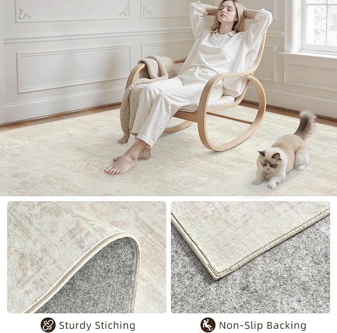 6x9 Area Rugs for Living Room: Vintage Boho Neutral Washable Rug Indoor Soft Large Area Rug Carpet for Bedroom Nursery Farmhouse Dining Room Office Floor Non-Slip Low Pile Under Table Rug Cream Beige
