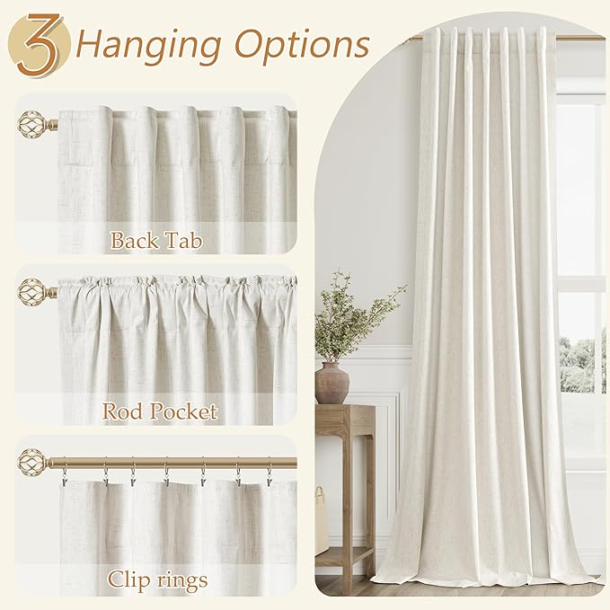 Guken Cream 100% Blackout Linen Curtains 132 Inch Length 2 Panels Set for Living Room Bedroom Back Tab Thermal Insulated Black Out Drapes Room Darkening Farmhouse Window Curtains 52x132