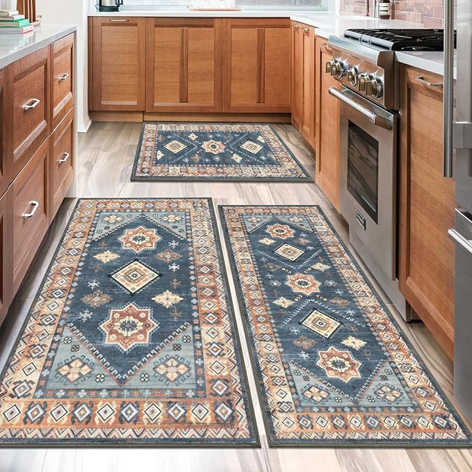 HEBE Boho Kitchen Rug Sets 3 Piece with Runner Non Slip Kitchen Rugs and Mats Washable Kitchen Mats for Floor Thick Kitchen Floor Mat Carpet Runner Rugs for Hallway Laundry Holiday Decor