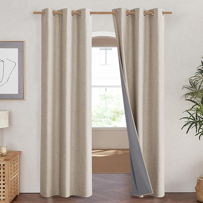 NICETOWN Oatmeal Vintage Open Linen Weave Flax Thermal Curtains, 100% Blackout Curtains 90" Long for Dining Room, Soundproof Window Treatment Drapes for Hall Room, 42" Wide Per Panel, Set of 2